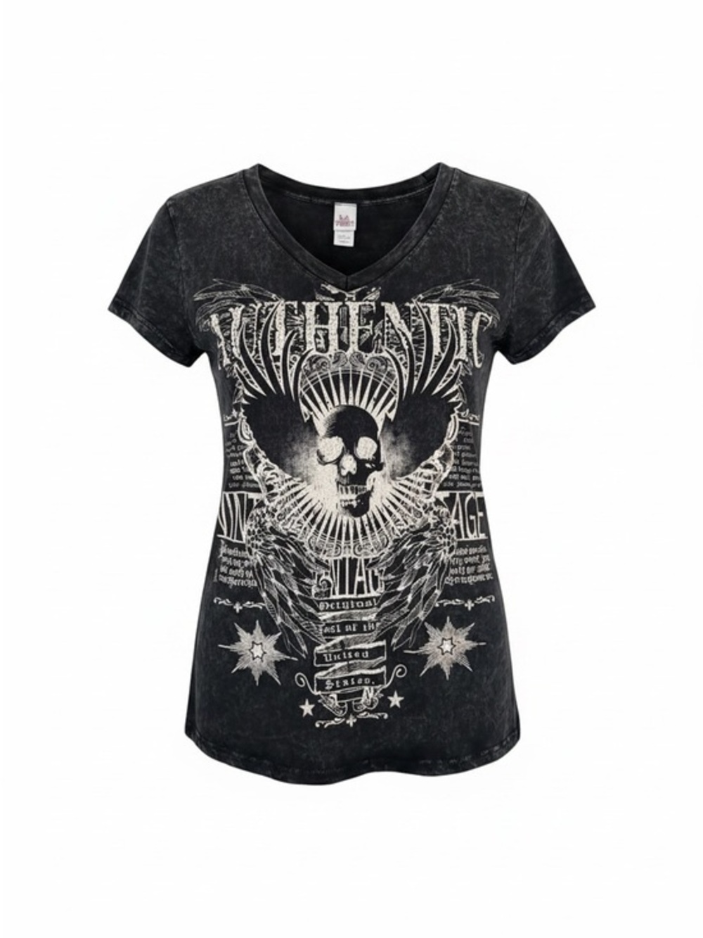 Women's Black Graphic V-Neck Tee with Skull and Wing Design